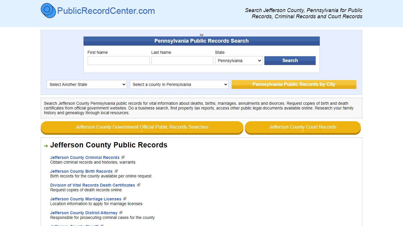 Jefferson County Pennsylvania Free Public Records - Court Records ...